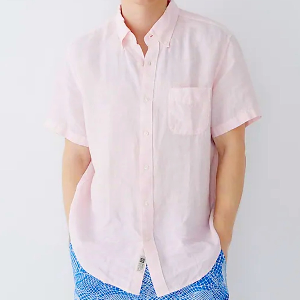 Pink short sleeve linen button down